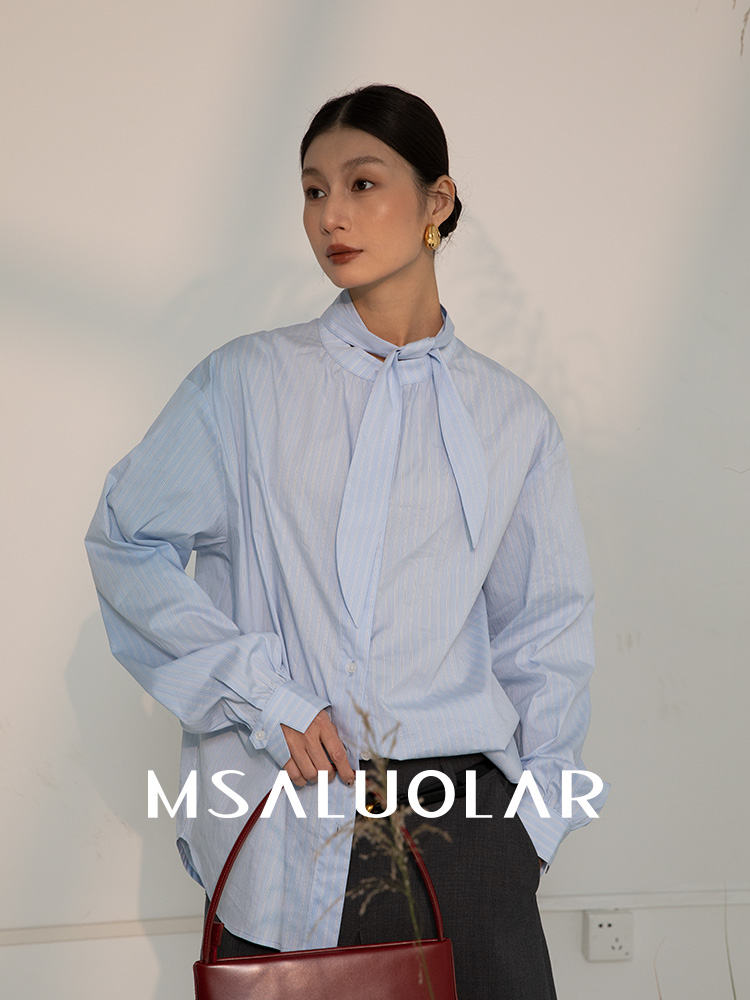 MSALUOLAR罗拉小姐 经典通勤蓝色条纹温柔气质廊形蝴蝶结衬衫女