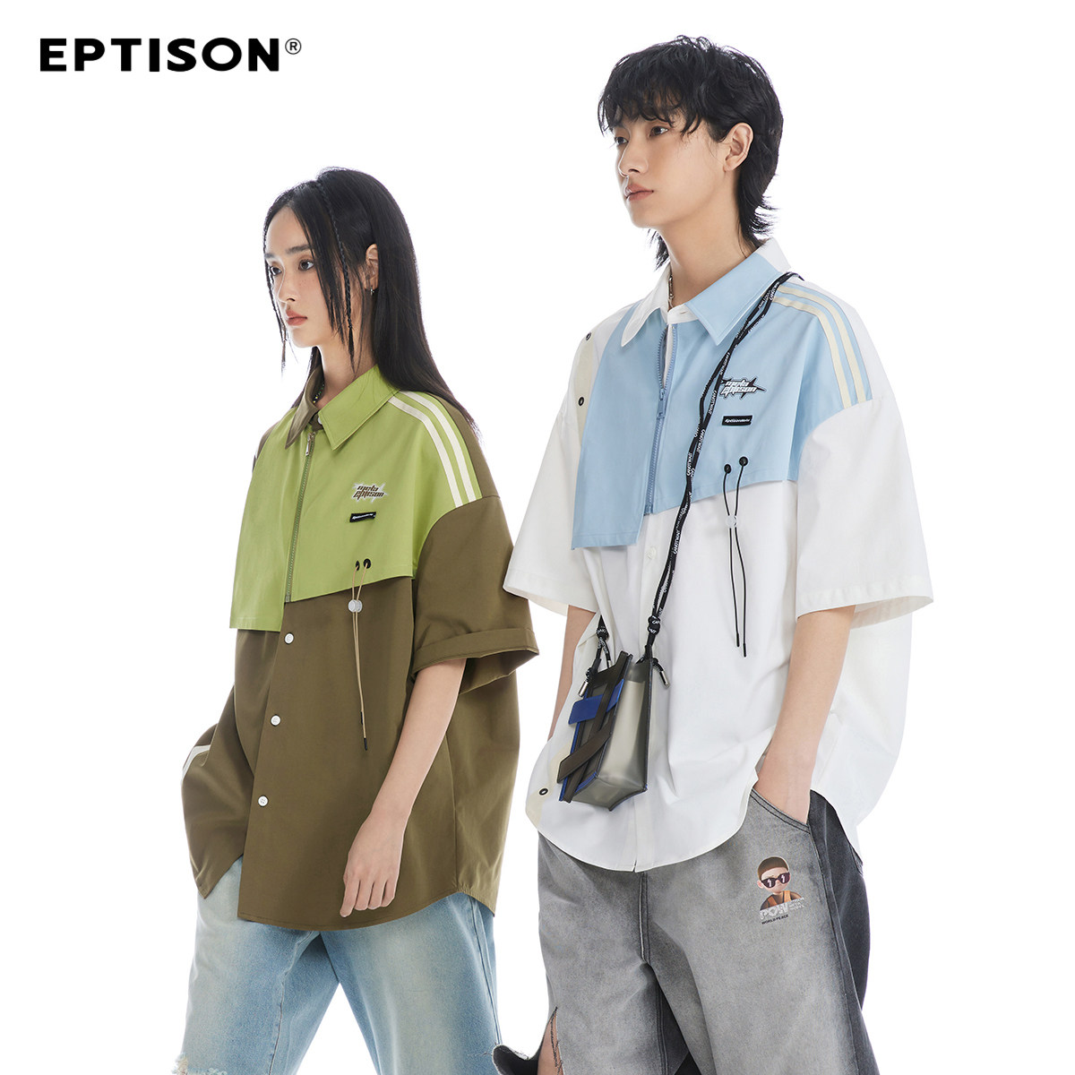 Eptison夏季新品撞色宽松休闲抽绳短袖衬衫小众设计感个性潮上衣