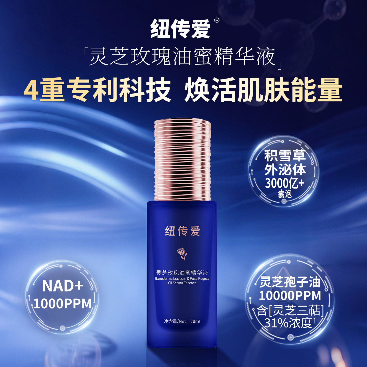 NAD+积雪草外泌体水油双萃舒缓泛红修复纽传爱灵芝玫瑰油蜜精华