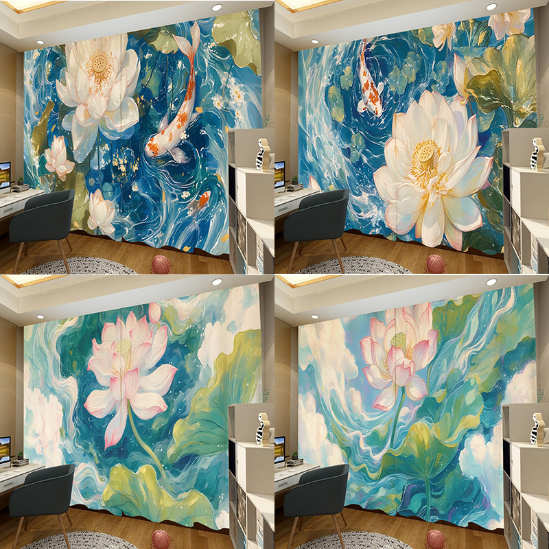 荷花锦鲤新中式水墨卧室窗帘遮光飘窗定制复古中国风茶室背景客厅