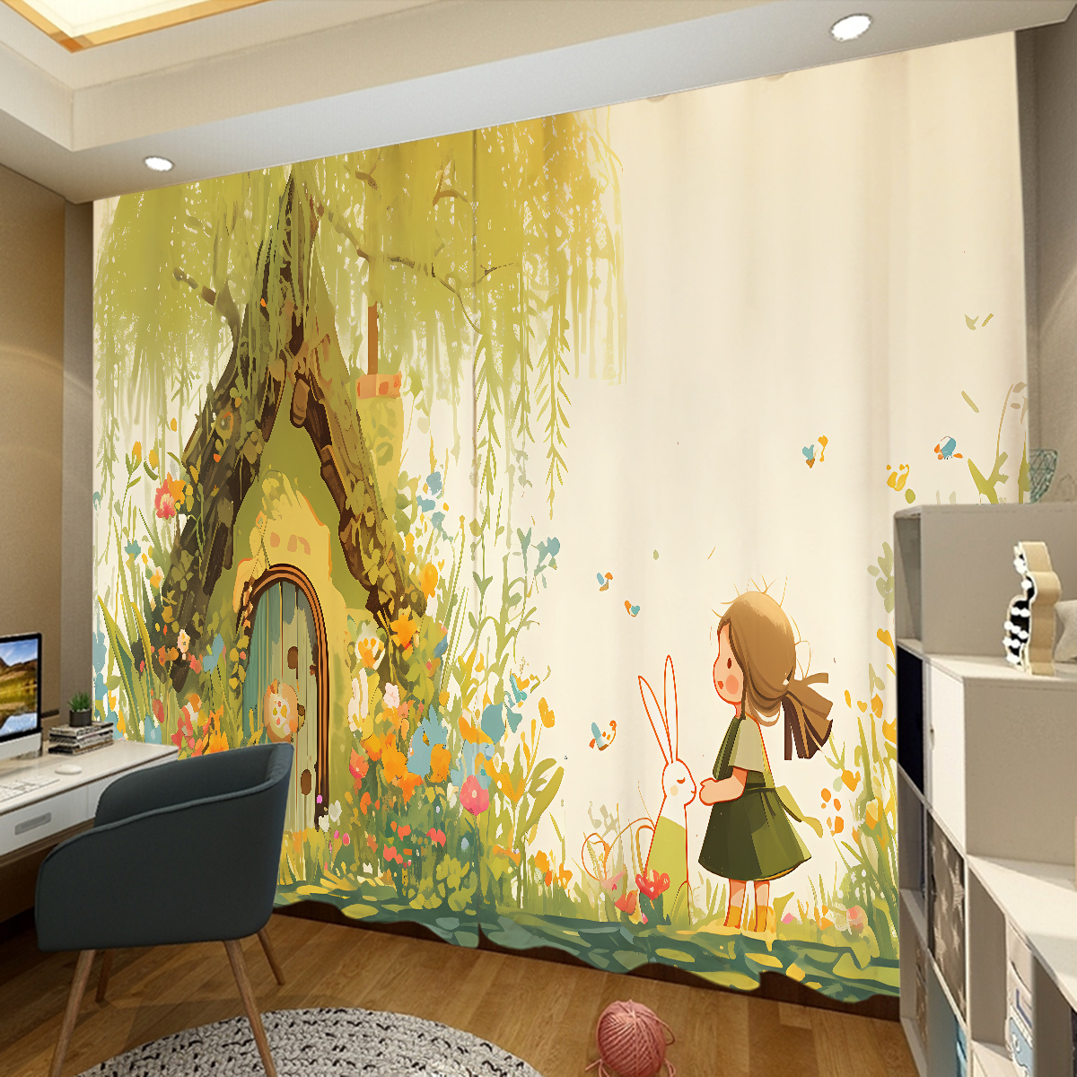 柳叶绿插画新款窗帘遮光儿童房女孩动漫定制卧室挂钩打孔卡通客厅