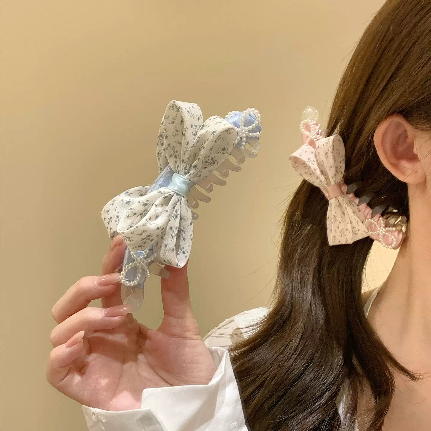 春日梦境 珍珠碎花蝴蝶结马尾夹香蕉夹女2026新款盘发抓夹头发饰