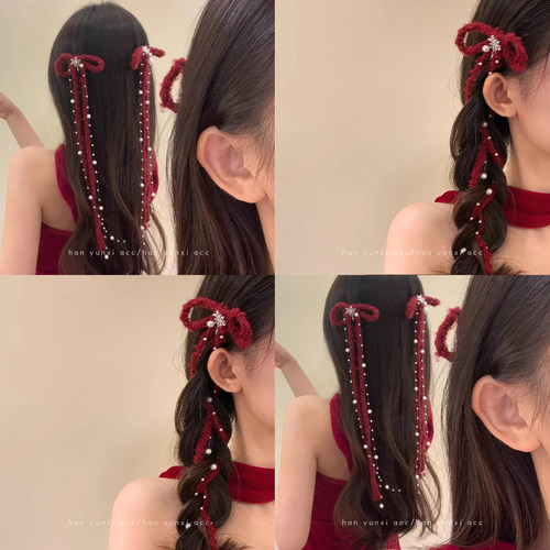 新年氛围感酒红毛绒蝴蝶结仿珍珠流苏发夹甜美拍照神器发饰边夹字