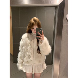 奶fufu白色小香风彷水貂绒毛衣开衫外套女秋冬季加厚毛毛环保皮草