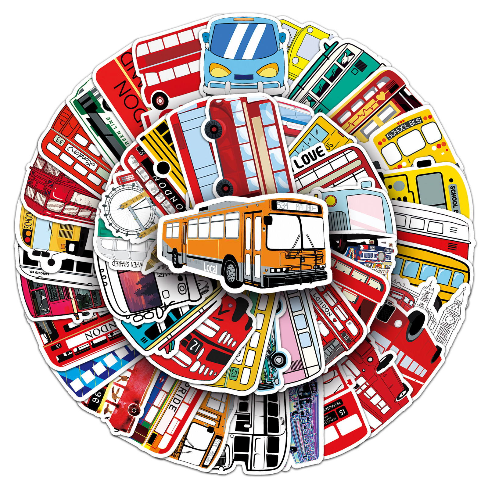 100张大巴车贴纸巴士创意旅行箱滑板电脑手机卡通装防水涂鸦饰贴