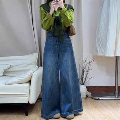 秋冬新款复古水洗高腰阔腿牛仔裤