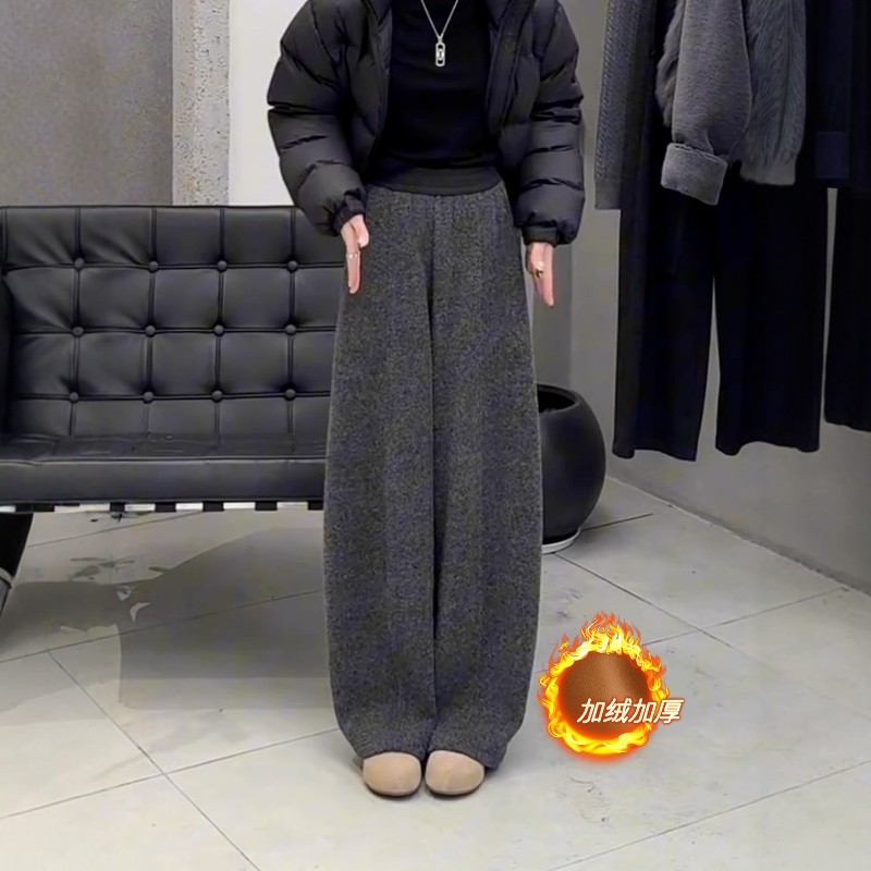 加绒加厚松紧腰弯刀休闲裤女冬季新款高级感灰色毛呢运动阔腿卫裤