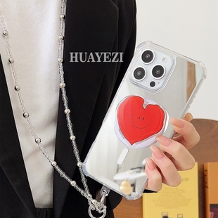 手机壳斜挎可背适用MagSafe磁吸小米15挂绳手腕iphone16promax便携镜子14带支架华为pura70pro 难哄章若楠同款