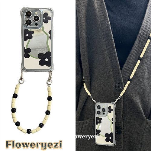 ins花朵镜面苹果17手机壳带挂绳