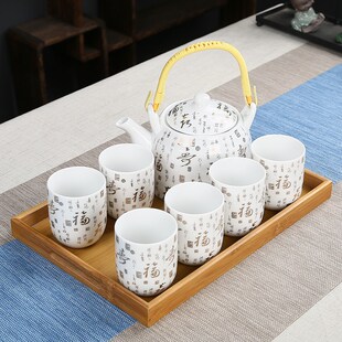 精选大号复古青花提梁壶茶具套装家用陶瓷泡茶壶茶杯功夫一套简约