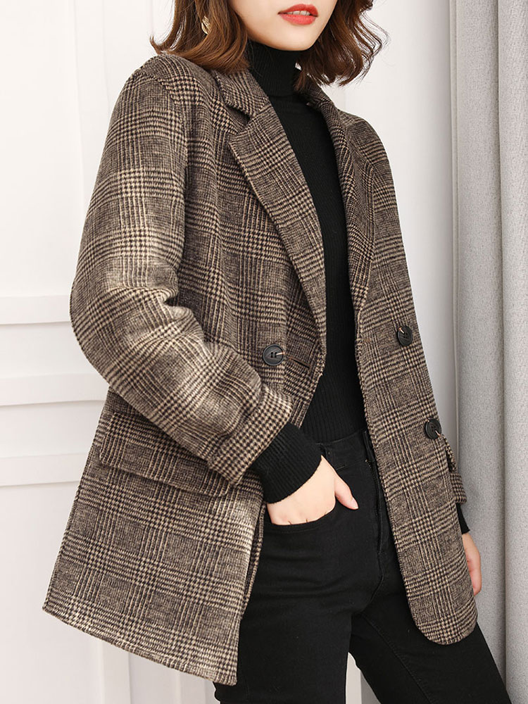 2023秋冬格子中款羊绒大衣外套