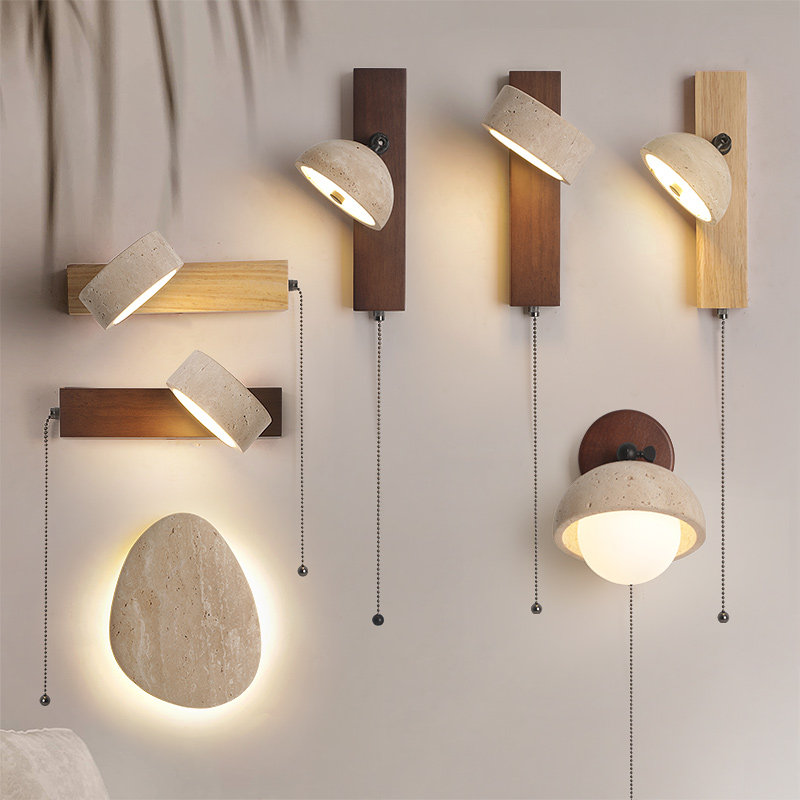 壁灯卧室床头黄洞石复古侘寂风中古风创意花苞护眼镜前灯民宿壁灯