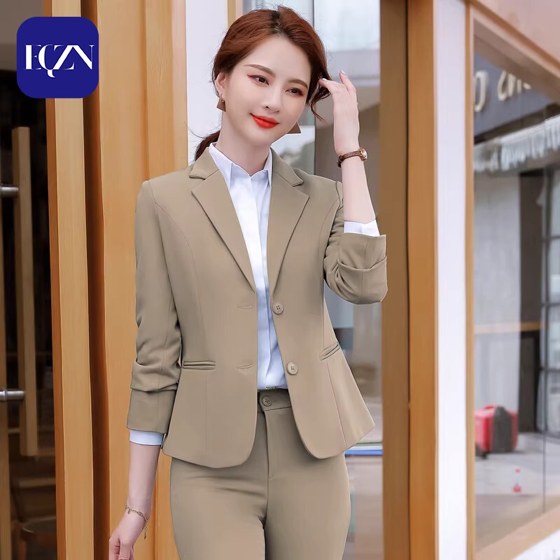 卡其色商务风小西装外套女修身单排扣职业气质小个子长袖西服套装