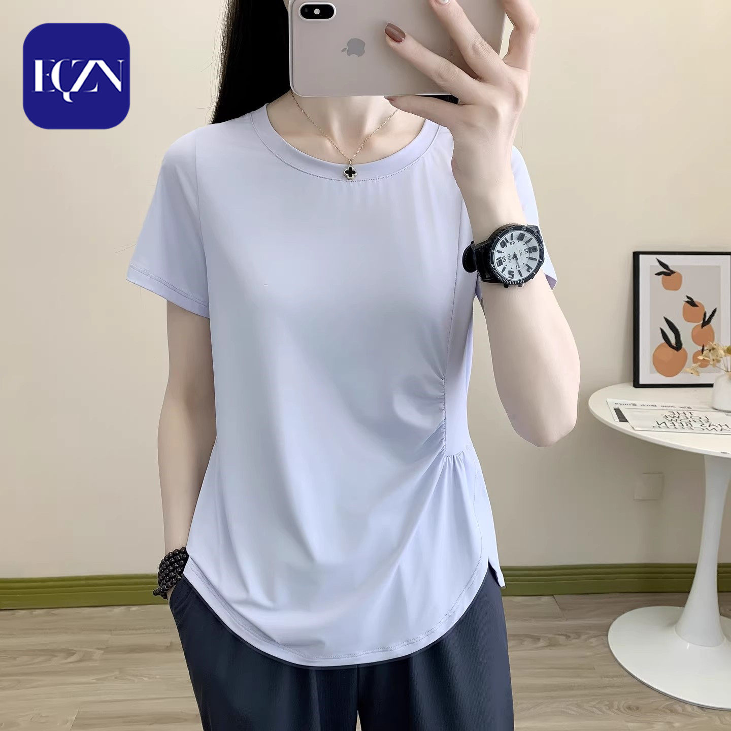 大码速干衣女新款透气凉感运动瑜伽短袖t恤修身显瘦收腰圆领上衣