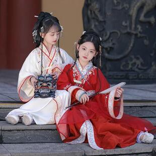 汉服女童战国袍春秋款儿童红色交领直裾袍女孩超仙古装国风演出服