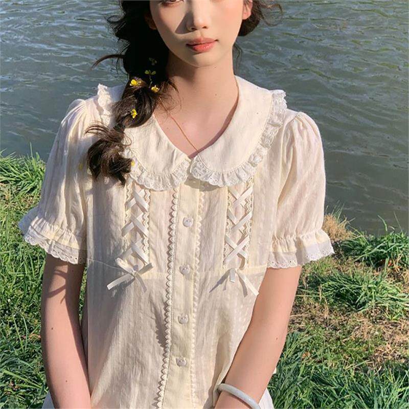 lolita衬衫短袖女纯棉娃娃领公主风上衣泡泡袖短袖夏季洛丽塔内搭
