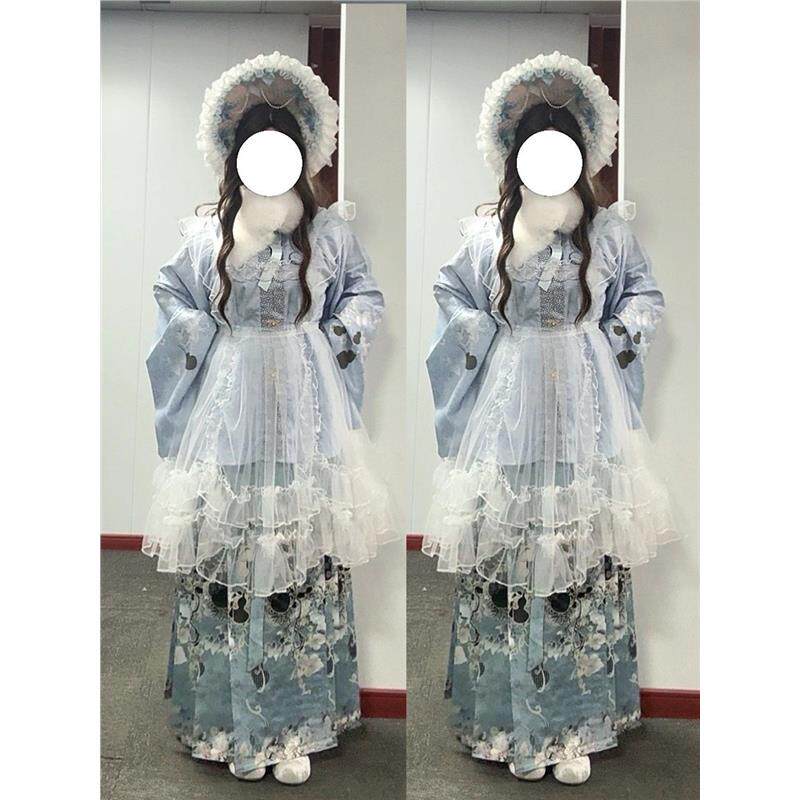 年禧原创汉洋折衷明制汉服秋冬日常琵琶袖蓝色立领开衫洛丽塔套装