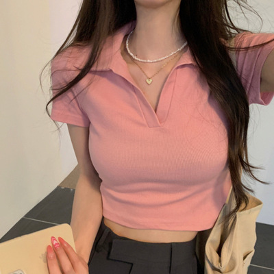 百搭配运动裤阔腿裤工装裤的高腰短袖t恤女小众设计感短款上衣服