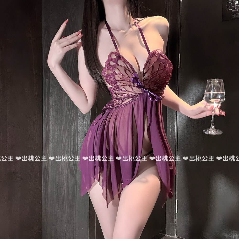 性感挂脖深V显胸蝴蝶镂空睡裙女