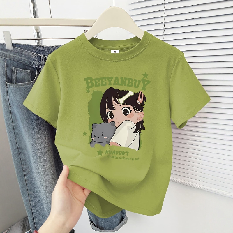 2025夏季新款卡通女孩印花正肩短袖T恤设计感时尚百搭圆领上衣ins