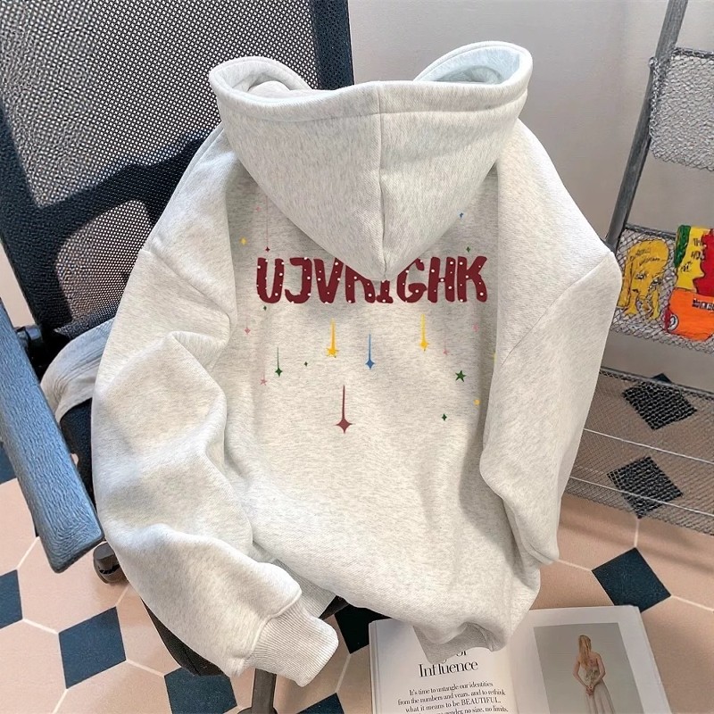 2025秋冬新款前后简约字母印花无绳连帽卫衣女青春休闲百搭上衣潮