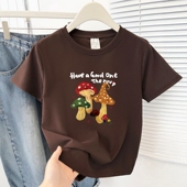 正肩短袖 创意蘑菇字母印花夏季 新款 T恤女小个子百搭圆领上衣ins潮