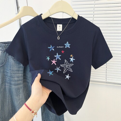 创意星星印花2025夏季新款正肩短袖T恤小个子韩系百搭圆领上衣ins