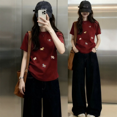 2026年新款本命红小马印花短袖女胖mm大码遮肉洋气圆领正肩t恤ins
