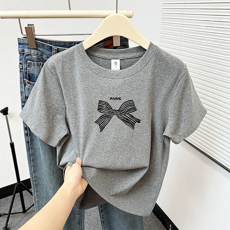 蝴蝶结印花夏季新款正肩短袖T恤女胖MM时尚百搭遮肉圆领上衣ins潮