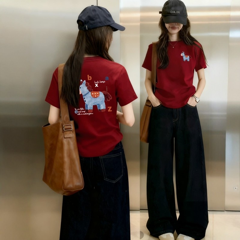 本命年酒红色小马印花正肩短袖T恤夏季新款胖MM遮肉显瘦百搭上衣,女装/女士精品,T恤,淘宝优惠券,粉丝福利购,淘宝优惠卷