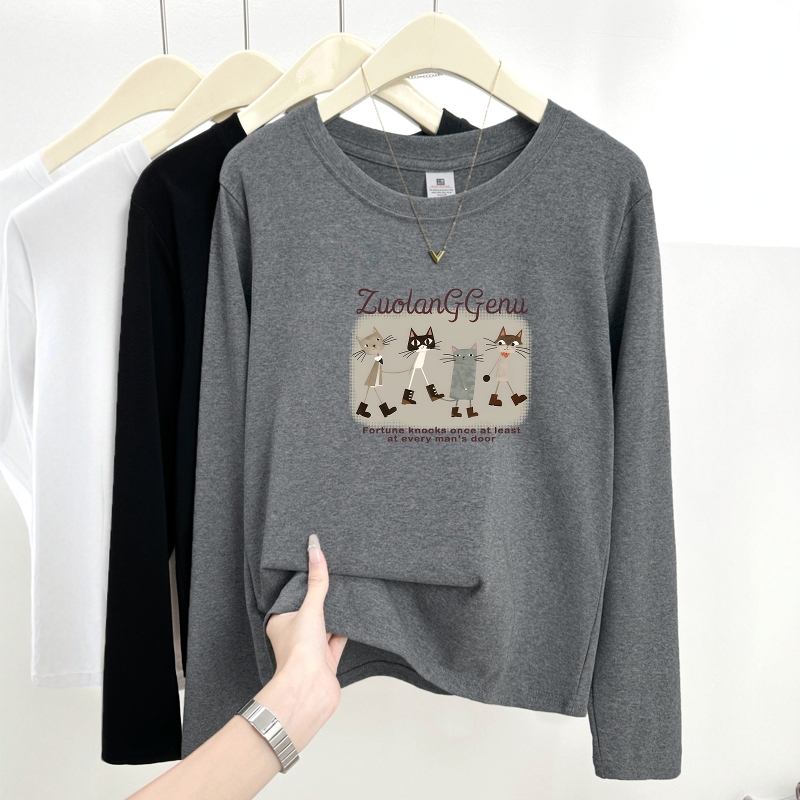 创意猫咪印花秋冬2025新款正肩圆领长袖T恤女设计感时尚百搭上衣