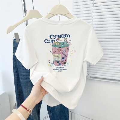 正肩小个子印花短袖T恤女2025夏季新款显瘦短款圆领半袖上衣ins潮