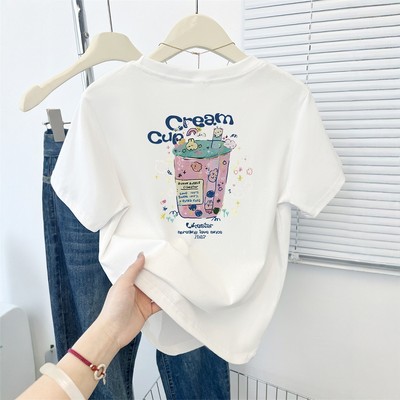 正肩小个子印花短袖T恤女2025夏季新款显瘦短款圆领半袖上衣ins潮