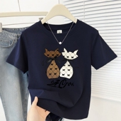 t恤女正肩显瘦洋气百搭减龄半袖 可爱小猫印花短袖 上衣ins 新款 夏季