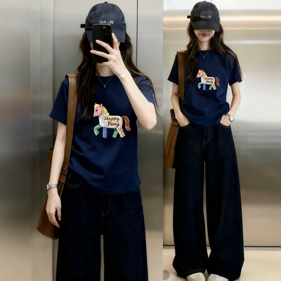 小马印花夏季2026新款本命年正肩短袖T恤女胖MM遮肉显瘦圆领上衣