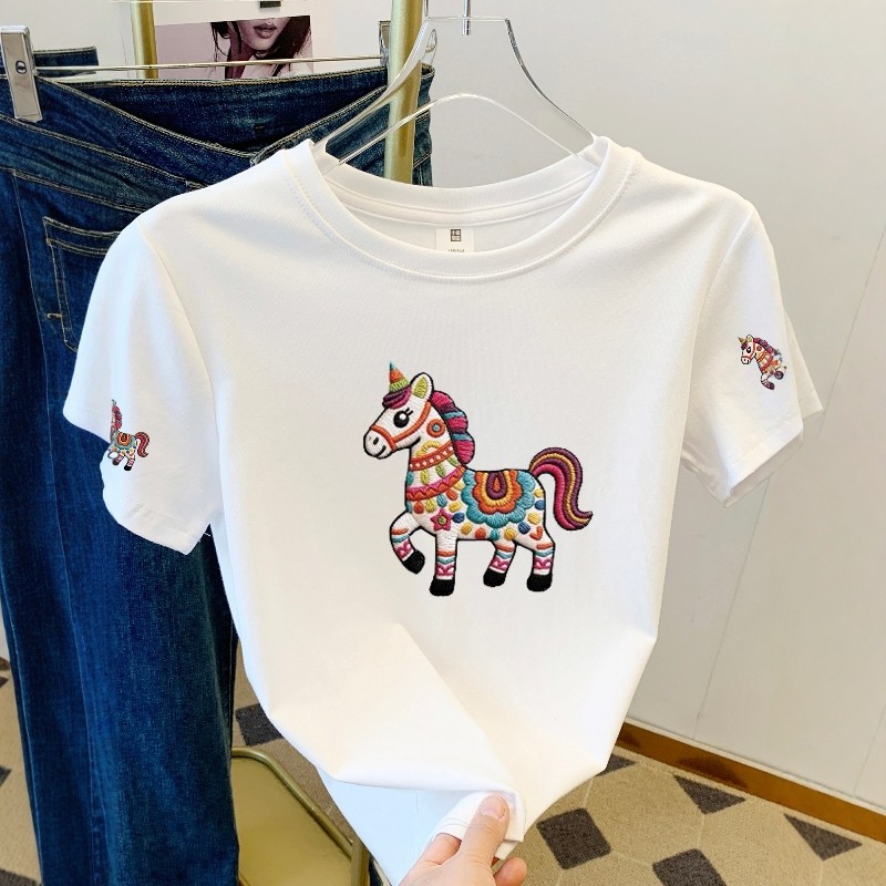 卡通小马印花夏季2026新款短袖T恤女本命年胖MM遮肉百搭显瘦上衣,女装/女士精品,T恤,淘宝优惠券,粉丝福利购,淘宝优惠卷