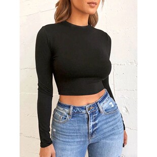 Sleeve Womens White Basic Fas Black Long Casual Solid Tshirt