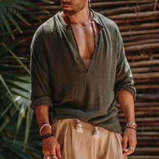 Solid Lon Neck Shirts Mens Linen Color Sexy Vintage Deep