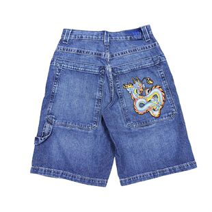 Hip Hop Dragon Embroidery Retro Denim Shorts Y2k Blue Wash W
