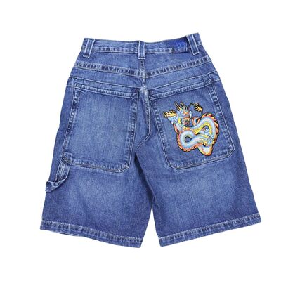 Hip Hop Dragon Embroidery Retro Denim Shorts Y2k Blue Wash W