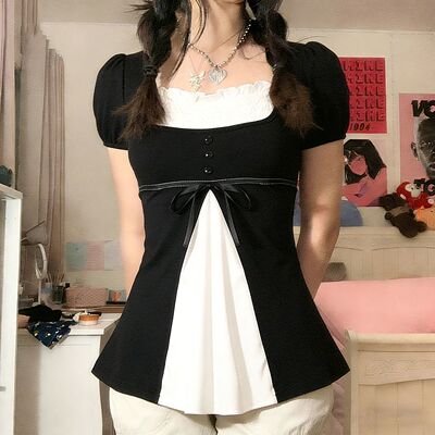 SUCHCUTE Vintage Fake Two Piece T-Shirts Women Puff Sleeve P