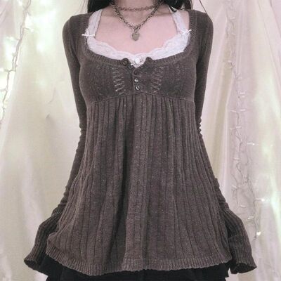 2000s Vintage Long Sleeve Babydoll Knitted Sweater Tops Cott