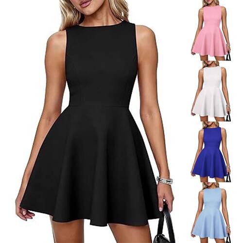 Women Daily Comfortable Dress Solid Color Round Neck Sleevel