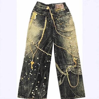 High Street Punk Style Chain Jeans Pants Men's Heavily Washe