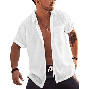 Linen Sleeve Tops Beach Cotton Shirts Button Short Mens