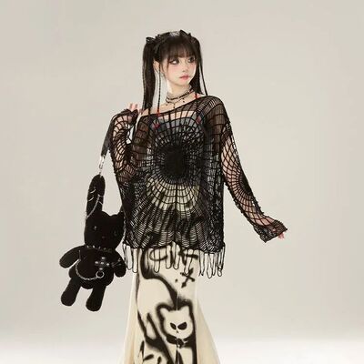 2026 Summer New Spider Web Hole Tops Women Y2k Off Shoulder