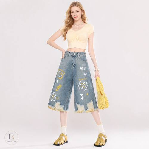 Women High Waist Wide Leg Cropped Jeans Cartoon Print Distre