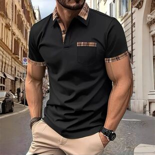 Men sleeved stylish coll short shirt patchwork plaid polo