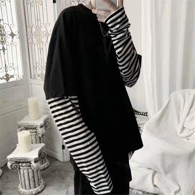 Cool Striped Patchwork T-Shirt Men Autumn Oversize Tops Boys