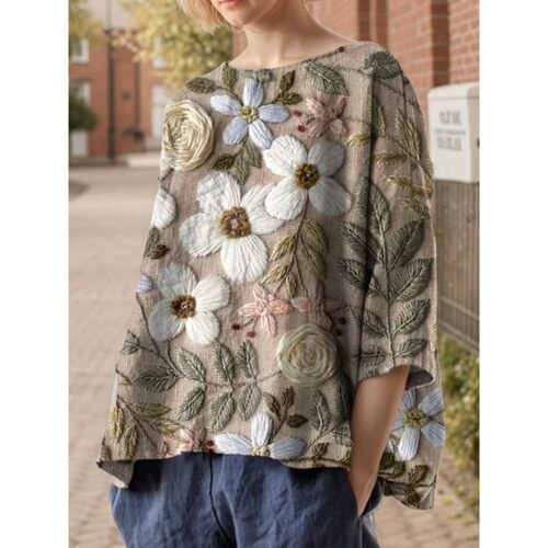 Plus Size Floral Printed Imitation Linen Women’s Vintage T-